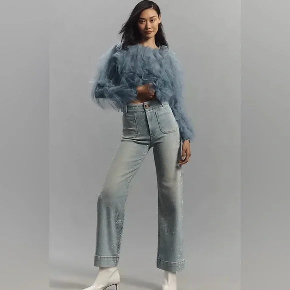 NWOT Maeve The Colette Full Length Rhinestone Wide Leg Jeans Size 32 - Picture 2 of 5